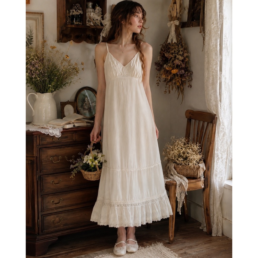 Vintage White Nightgown Slip Dress Lace Eyelet Trim Cottagecore Romantic Cotton